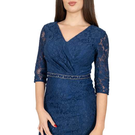 Abito lungo da cerimonia in pizzo con scollo a V e dettagli gioiello