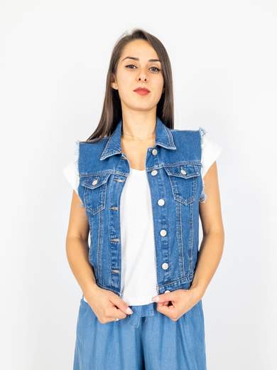 Gilet Donna Estivo In Jeans Corto E Smanicato