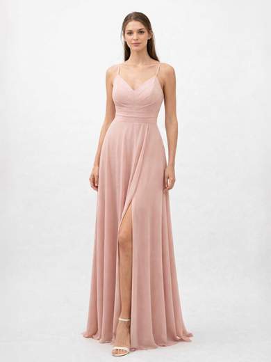 STRABELLO CERIMONIA Abito Lungo da Damigella in Chiffon con Scollo a V e Spacco 5027HC