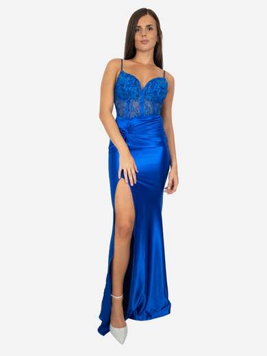 Abito da cerimonia lungo a sirena elegante con corpetto in pizzo e spacco laterale