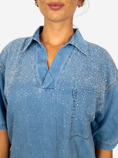 Trending Milano Camicia denim donna con strass e scollo a V TR0732