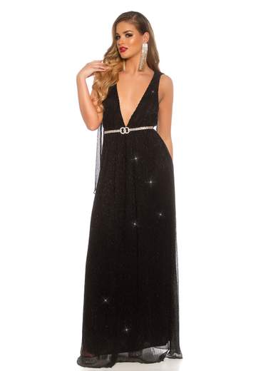 Abito lungo glitterato con scollatura profonda