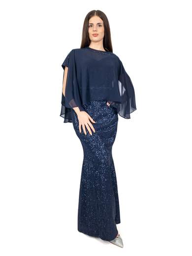 Vestito da cerimonia elegante lungo con paillettes e mantella staccata