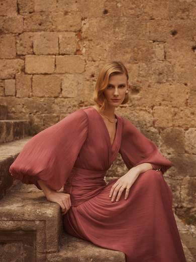 Abito Lungo da Cerimonia in Chiffon con Maniche a Sbuffo A4801