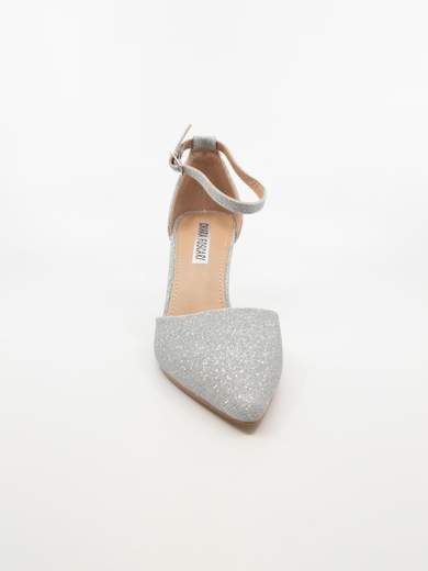 Décolleté argento glitterato con tacco largo e cinturino