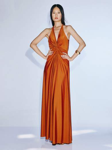 TWINS Abito Lungo Scivolato in Raso Elasticizzato con Scollo Americana Intrecciato t4884