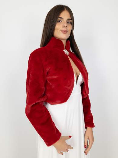 Elegant short faux fur jacket with decorative brooch