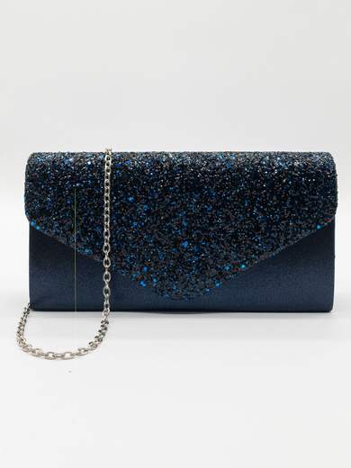 MICHELLE MOON Pochette elegante da cerimonia in raso blu con glitter e tracolla removibile XX3487-BLU