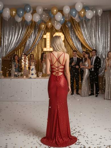 STRABELLO CERIMONIA Abito 18esimo a Sirena con Paillettes e Schiena Nuda F8077K