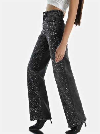 MISS BONBON Jeans neri con brillantini a gamba larga - Miss Bonbon Premium H-3657