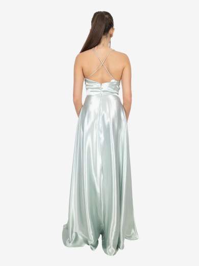 STRABELLO CERIMONIA Abito lungo elegante in raso con scollo a V e spalline incrociate A29499-3953-CINZIA