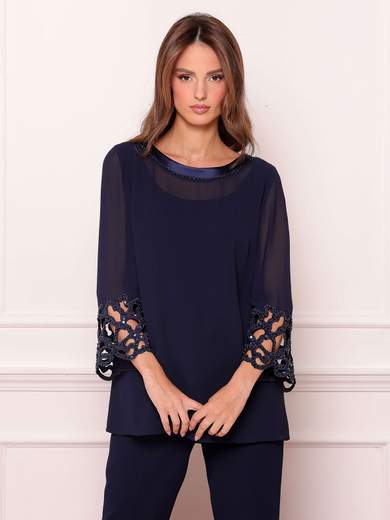 BIANCA BRANDI Completo casacca e pantalone blu navy con dettagli ricamati 29353