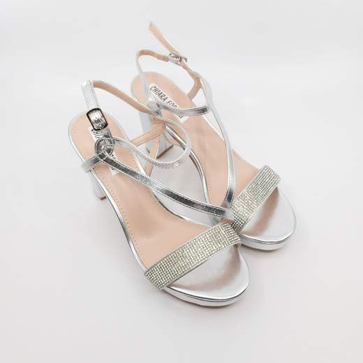 Sandali Con Plateau E Tacco Medio Argento Con Strass Da Cerimonia