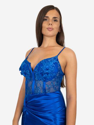 Abito da cerimonia lungo a sirena elegante con corpetto in pizzo e spacco laterale