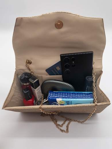 Pochette da Cerimonia Oro Glitterata con Catena Rimovibile – Elegante e Compatta