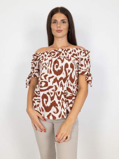 Blusa Spalle Scoperte A Fantasia Donna Maniche Corte In Viscosa