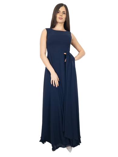Long formal dress with detachable cape and removable brooch
