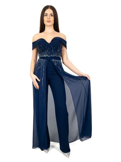 Tuta da Cerimonia Elegante Scollo Omerale con Strass e Gonna in Chiffon
