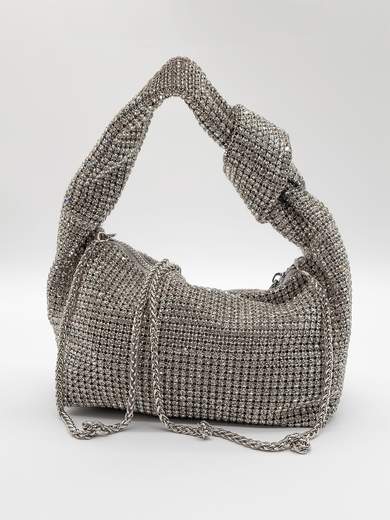 Silver Rhinestone Evening Bag with Removable Chain