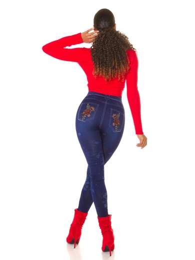 Leggings donna effetto jeans con stampa floreale