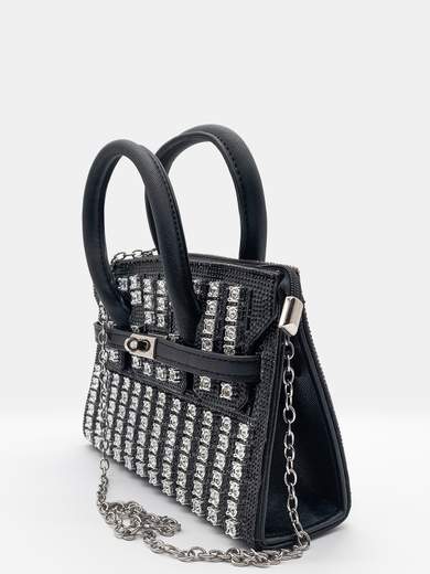 Black Evening Bag with Rhinestones and Chain Shoulder Strap