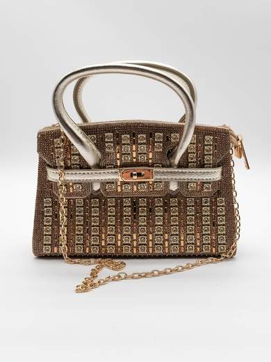 Gold Evening Bag with Rhinestones and Chain Shoulder Strap