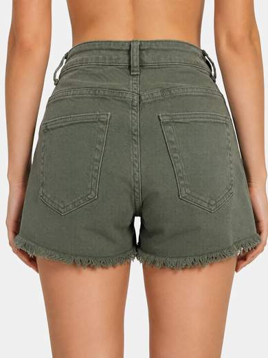 Stretch Denim Shorts with Fringed Hem