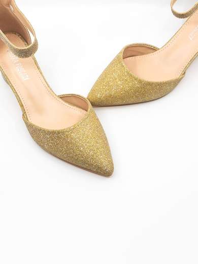 Gold Glitter Block Heel Pumps 6 cm with Ankle Strap