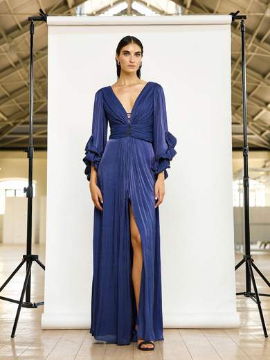 MAESTRI Abito Lungo da Cerimonia in Chiffon Effetto Seta con Maniche a Balze e Perline 5261