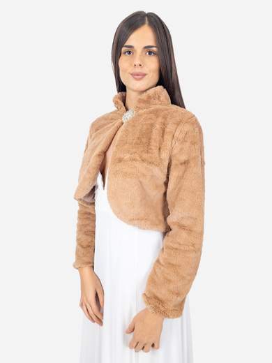 Elegant short faux fur jacket with decorative brooch