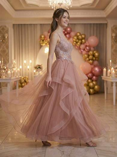 Abito Lungo Principessa in Tulle con Ricami e Balze