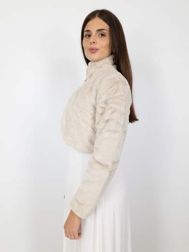 Elegant short faux fur jacket with decorative brooch