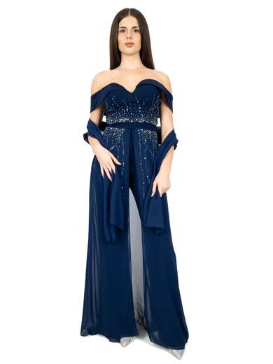 Tuta da Cerimonia Elegante Scollo Omerale con Strass e Gonna in Chiffon
