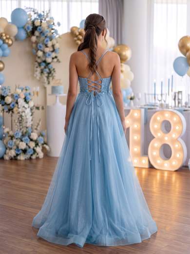 Abito Lungo da Principessa in Tulle Glitterato con Spacco