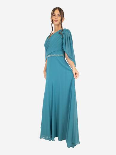 Elegant curvy long dress with sleeves and rhinestone waist