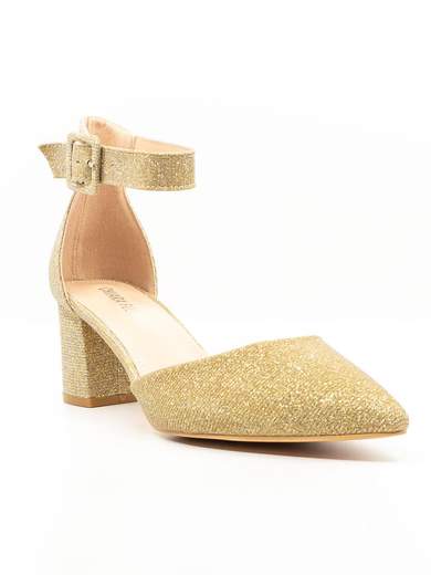 Gold Glitter Block Heel Pumps 6 cm with Ankle Strap