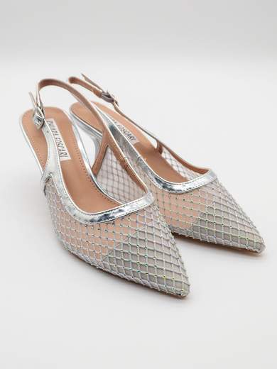 Slingback Argento a Rete con Strass e Tacco a Clessidra 7,5 cm