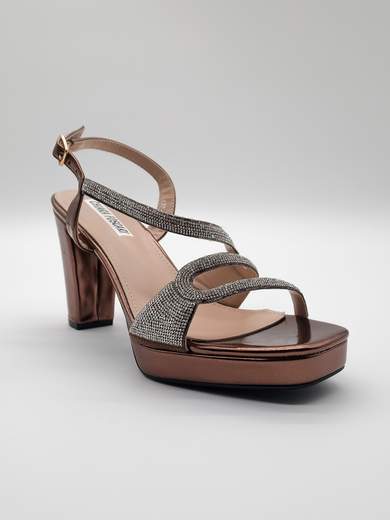 Brown Jewel Ceremony Sandals with Chunky Heel and Silver Rhinestones