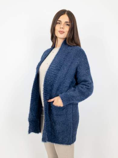 Cardigan Donna Lungo Invernale Morbido Filato Peloso Con Tasche