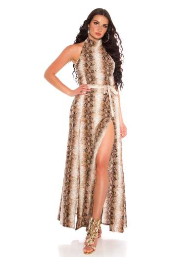 Abito Lungo Animalier con Spacco e Cintura – Scollo All’Americana