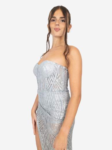 Silver Mermaid Long Dress with Deep Slit and Stole – Code 4473