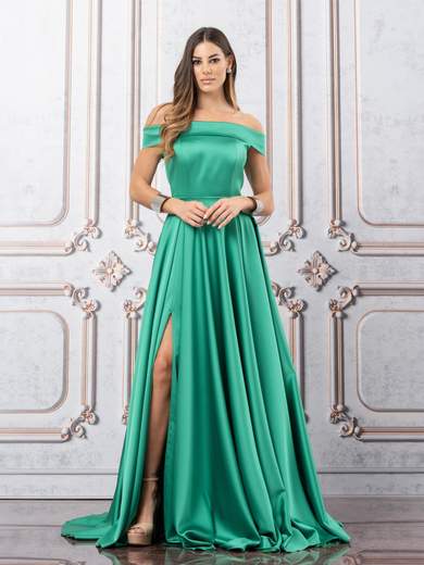 JEAN CRYÒ Abito Lungo da Cerimonia in Crepe Satin con Scollo Omerale e Spacco 35442