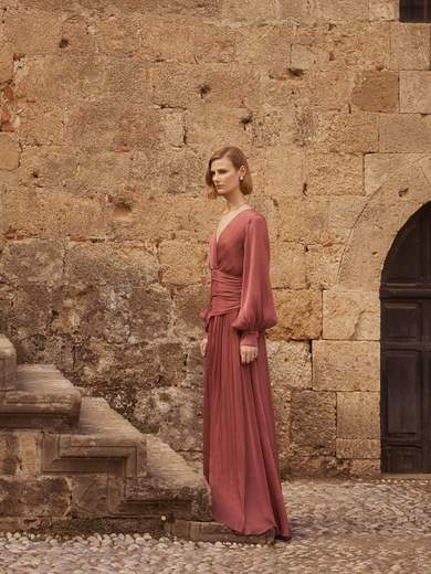 Abito Lungo da Cerimonia in Chiffon con Maniche a Sbuffo A4801