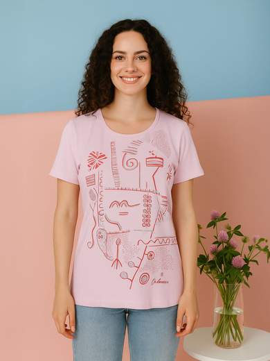 PERLARARA Women's cotton t-shirt with geometric print and lurex details E117-25