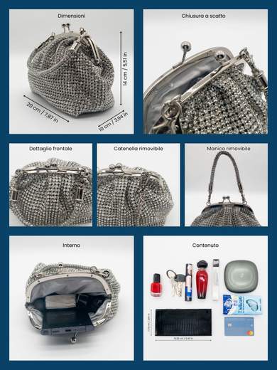 Elegant silver clutch with rhinestones – Mini evening bag with strap