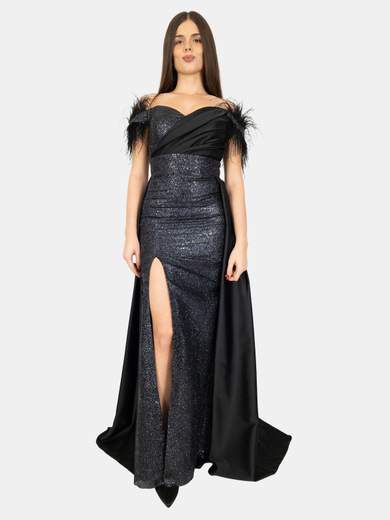 Abito da cerimonia lungo con piume e spacco frontale - Cod. 3953