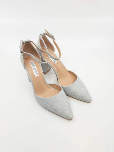 Décolleté argento glitterato con tacco largo e cinturino