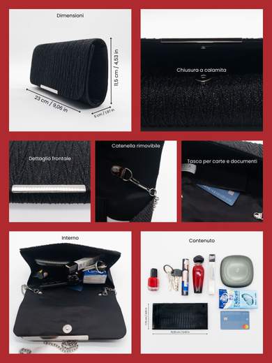 Pochette da cerimonia nera elegante con glitter e tracolla