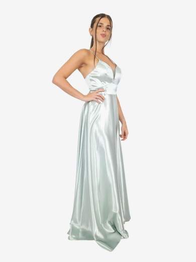 STRABELLO CERIMONIA Abito lungo elegante in raso con scollo a V e spalline incrociate A29499-3953-CINZIA