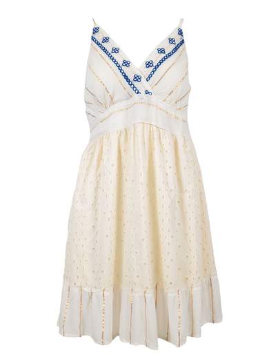 Short viscose dress with ethnic details and ruffles – BHI9870